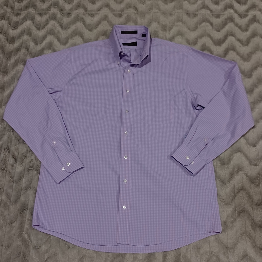 Allen Edmonds Size L Purple Blue Plaid 100% Cotton Wrinkle Free Button Up Shirt